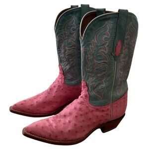 Tony Lama Pink Turquoise Exotic Quill Ostrich Cowboy Boots Vintage Rare I 8